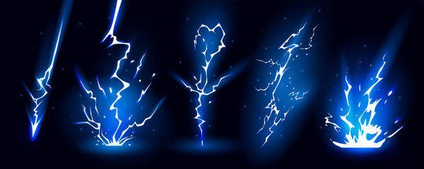 Lightning strike bolt silhouettes sequence vector illustration. Bright thunderbolts and zippers are natural phenomena isolated on a dark background. Thunderstorm electric effect of light shining flash © Konstantin