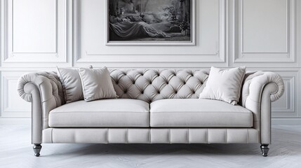 Elegant beige tufted sofa in a minimalist modern living room, featuring soft cushions and a classic charm.