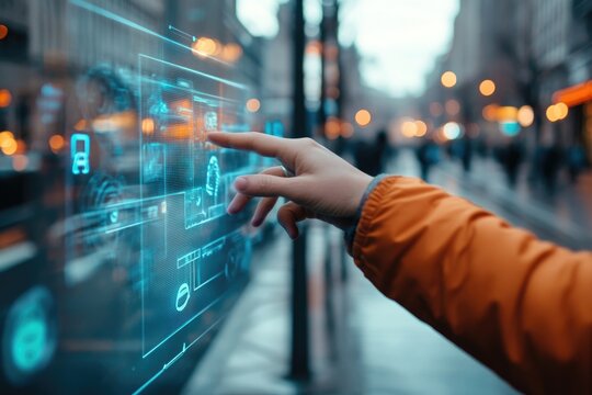 A person interacts with a futuristic transparent digital screen displaying transportation data in a city.