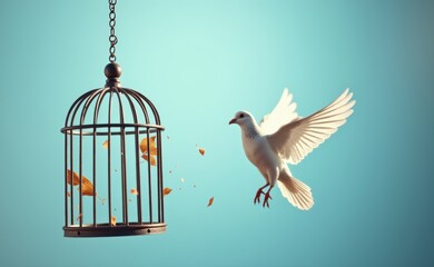 Fototapeta premium A white dove takes flight from a broken birdcage, symbolizing freedom and liberation.