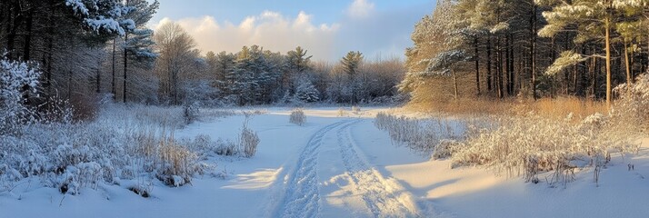 A peaceful, snowy landscape with tall pines covered in snow, the soft crunch of footsteps the only sound in the crisp air.