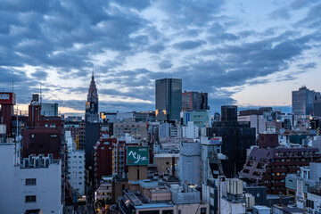 View of high-rises in Tokyo, Japan during colorful morning sunrise