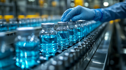 A person is touching a row of blue bottles