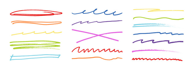Underline stroke marker felt pen scribbles doodle line collection. Hand drawn outline sketch wave brush mark elements crosshatch rough dividers set for text highlight underline emphasis.