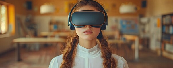 Student with VR Headset Exploring Virtual Classroom in Tech Lit Room Concept of Immersive Knowledge
