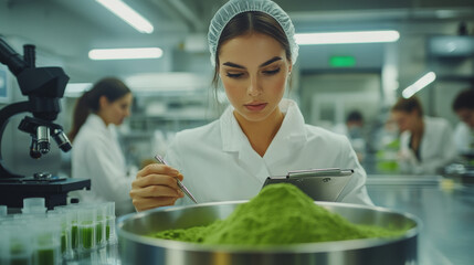 A woman in a white lab coat is working with a green powder
