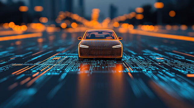 self driving car navigating through smart city, illuminated by digital lights, showcases advanced technology and innovation in urban transportation
