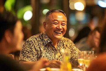 Obraz premium cheerful 50-year-old asian man wearing patterned shirt laughing and chatting with group of friends at dinner table