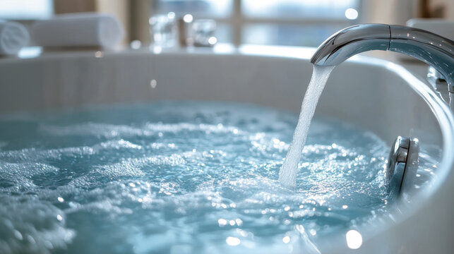 Water running from a silver faucet, filling up the bathtub or jakuzzi