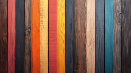Colorful wooden planks arranged vertically, showcasing variety of hues including red, orange, yellow, and blue. texture and grain of wood add depth and warmth to composition