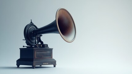 An elegant vintage gramophone stands in soft light. This classic piece evokes nostalgia and warmth. Perfect for music lovers and collectors. Generative AI