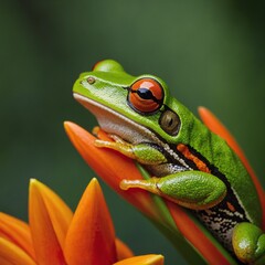 A vibrant green tree frog sitting on a bright orange heliconia flower.