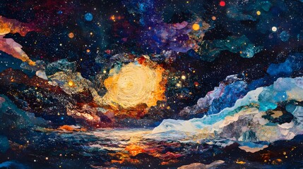 Obraz premium Cosmic landscape collage, vibrant nebula, swirling sun, planets, stars, and icy mountains.