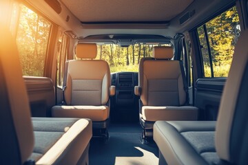 Spacious van interior with beige seats, parked in a sunny forest, offering a comfortable and scenic journey.