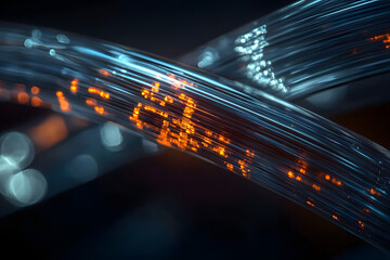 A close-up of a fiber optic cable with glowing light, ample copy space.World Telecommunication Day.International telecommunication.May 17th.