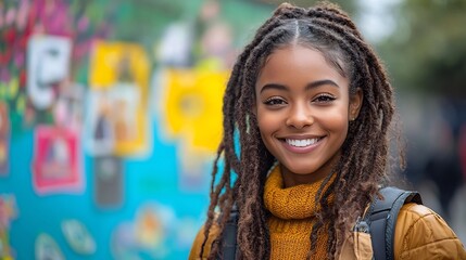 Smiling African Woman with Dreadlocks in Front of Colorful Campaign Posters Inspiring Future Leaders