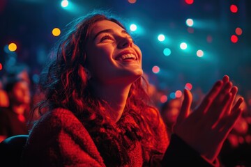 A person with a disability attending a concert, smiling and clapping along to the music, enjoying the moment.