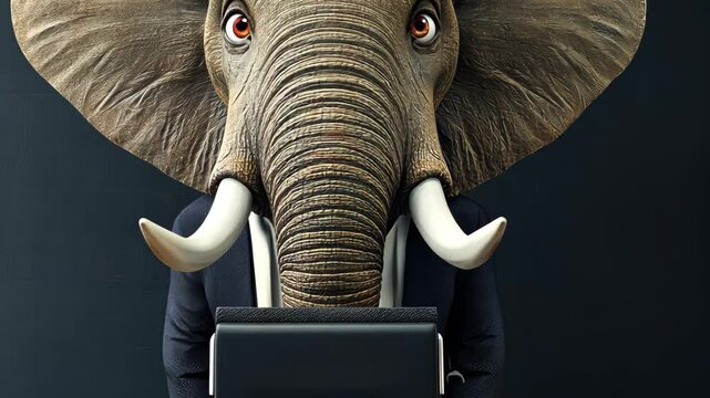 Man is sitting at a desk with a large elephant head in front of him. The elephant is wearing a suit and tie, and it is in a position of authority