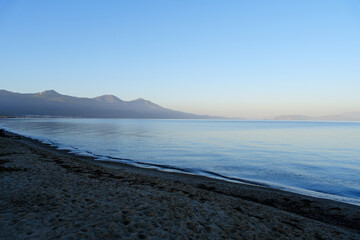 Aegean Sea beach landscape in morning at Güzelçamlı, Kuşadası, Aydın, Turkey