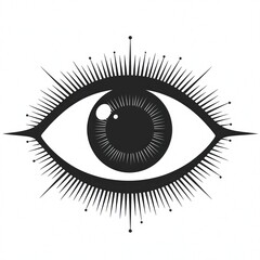 Intricate Black and White Eye Illustration with Radiating Lines and Detailed Iris Featuring a Unique Geometric Design for Artistic Purposes