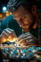 A man is working on a piece of jewelry, carefully examining it