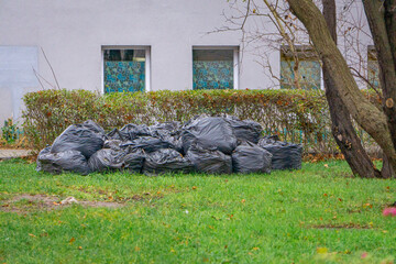 black bags with leaves in a housing estate in the city. cleaning up autumn leaves. bio waste.