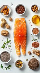 A white background with a salmon fillet and a variety of nuts and seeds