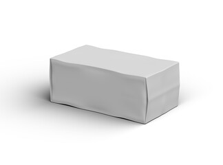 Rendered image of a white rectangular dented box on a light background