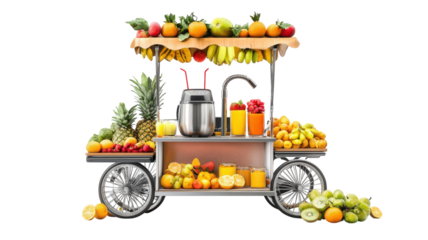 A vibrant fruit cart filled with fresh produce and colorful beverages in a market setting on a sunny day.