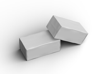 Rendered image of a white rectangular dented box on a light background