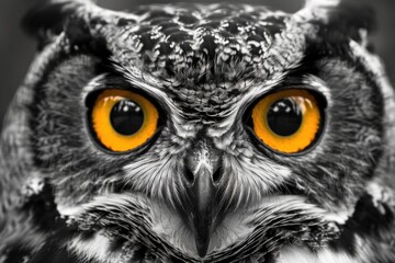 Fototapeta premium Owl Eyes. Black and White Portrait of Owl with Big Yellow Eyes, Bird and Animal Poster