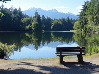 Obraz premium A quiet spot by the lake with a bench, calm water reflecting the surrounding trees and mountains, creating a serene environment.