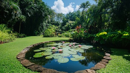 A secluded garden with a small pond, water lilies floating peacefully, surrounded by lush greenery.