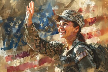 Patriotic People. Happy Servicewoman Waving American Flag Homecoming