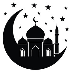 Islamic Architecture at Night, Mosque Silhouette with Stars and Crescent Moon