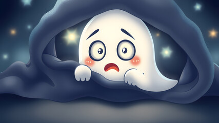Obraz premium Cute illustration of a cartoon ghost hiding under a blanket with big, scared eyes, surrounded by soft glowing lights, Generative AI