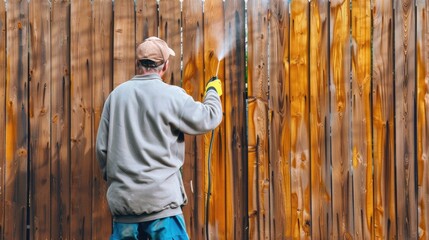 Professional Painter Spraying House Yard Fence with Wood Stain: Renovation in Progress