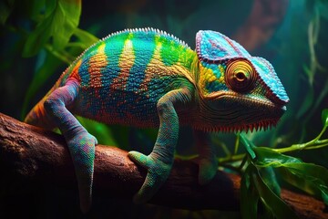 Obraz premium A vibrant chameleon, showcasing its iridescent scales and intricate skin texture, clings to a branch amidst lush greenery.