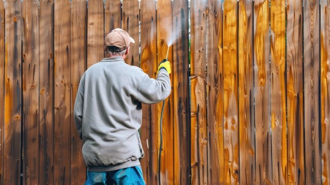 Professional Painter Spraying House Yard Fence with Wood Stain: Renovation in Progress