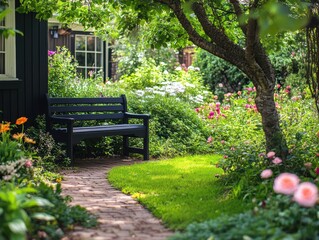 A serene garden with a small bench under a tree, surrounded by lush greenery and flowers, offering a peaceful escape.