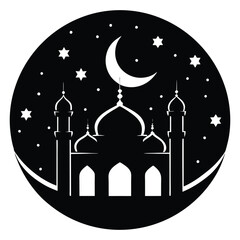 Islamic Architecture at Night, Mosque Silhouette with Stars and Crescent Moon