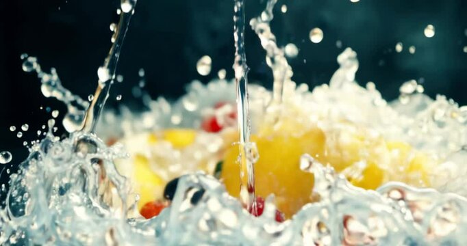 Fresh fruits and berries splash in water. Fruit and berries burst.Splash of juice.Sweet tropical fruits and mixed berries.