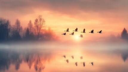 Flock of geese taking off from a frozen pond at sunrise nature scene misty environment calm viewpoint serenity concept for wildlife photography