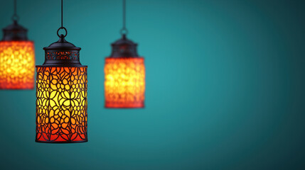 Intricate glowing lanterns with ornate patterns on teal background
