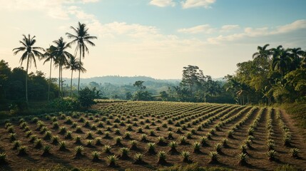 Lush green pineapple plantation at sunrise, with palm trees and distant hills under a partly cloudy sky.