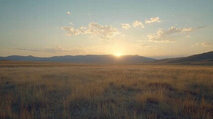 Fototapeta premium A serene view of a desert landscape at golden hour, the dunes casting soft shadows under the calm sky.