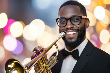 Obraz premium smiling musician in tuxedo plays trumpet with vibrant bokeh lights