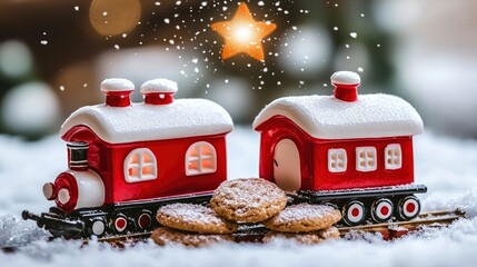 Festive Christmas Train and Cookies in Snowy Winter Scene