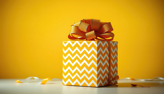 Gift Packaging Sunny yellow with zigzag patterns, lively ribbon, isolated transparent background, dynamic product focus.