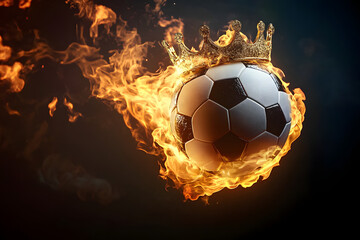 Fototapeta premium Flaming soccer ball with golden crown on black background. Epic goal, winner. World championship cup. Sport bet, football match betting. Banner, poster or card with copy space